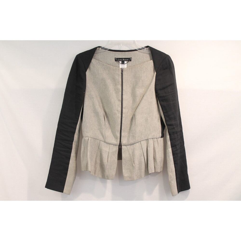 Lida Baday Womens size 8 Beige Black Linen Blend Blazer Pleated Hem Full Zip